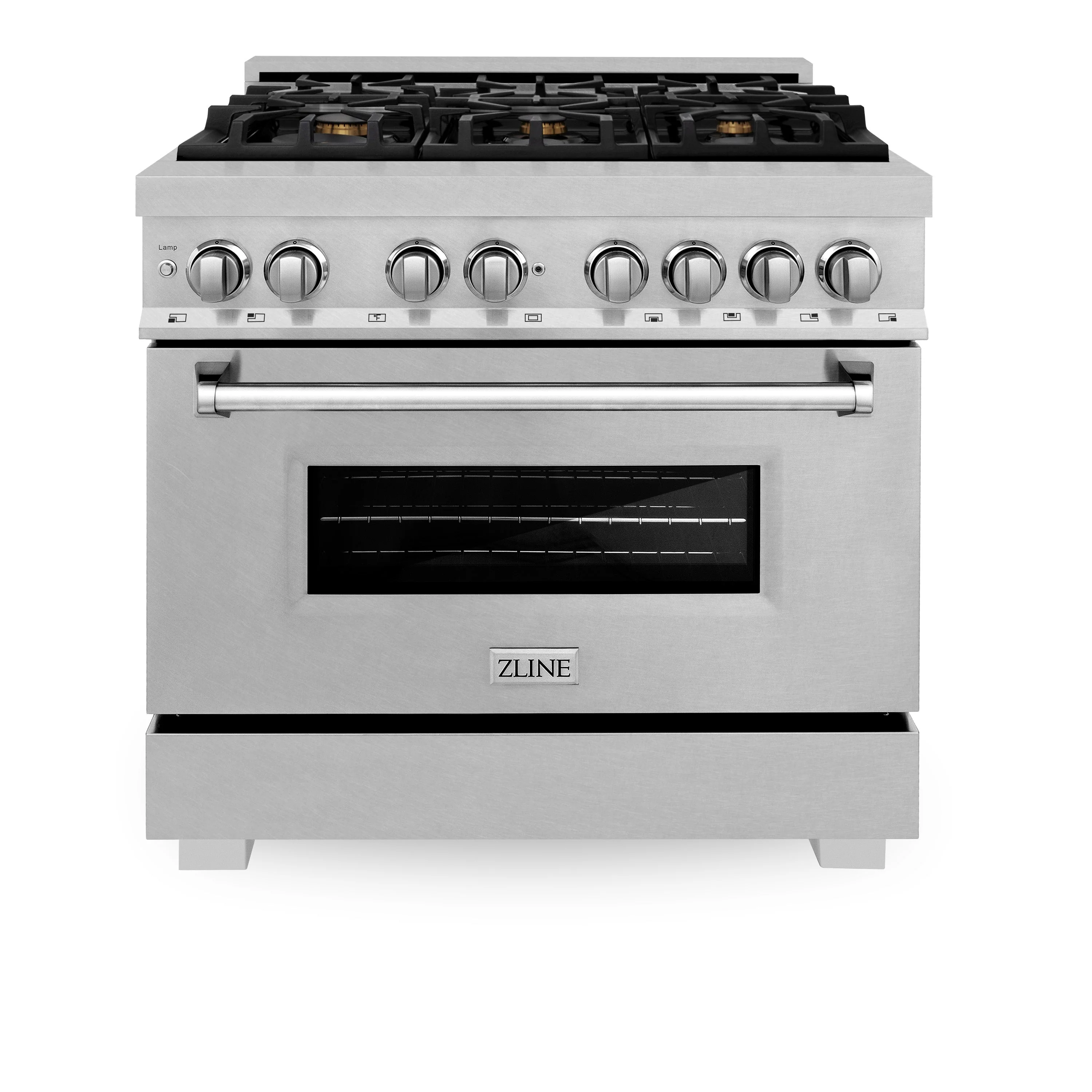 ZLINE Kitchen and Bath 36 in. Professional Gas Burner/Electric Oven in DuraSnow® Stainless with Brass Burners, RAS-SN-BR-36 - Cheap Abt