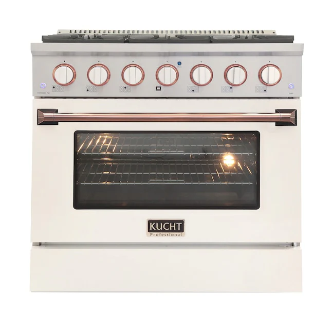 Kucht Signature 36 In. 5.2 cu ft. Propane Gas Range with White Door and Rose Gold Accents, KNG361/LP-W-ROSE - Cheap Abt