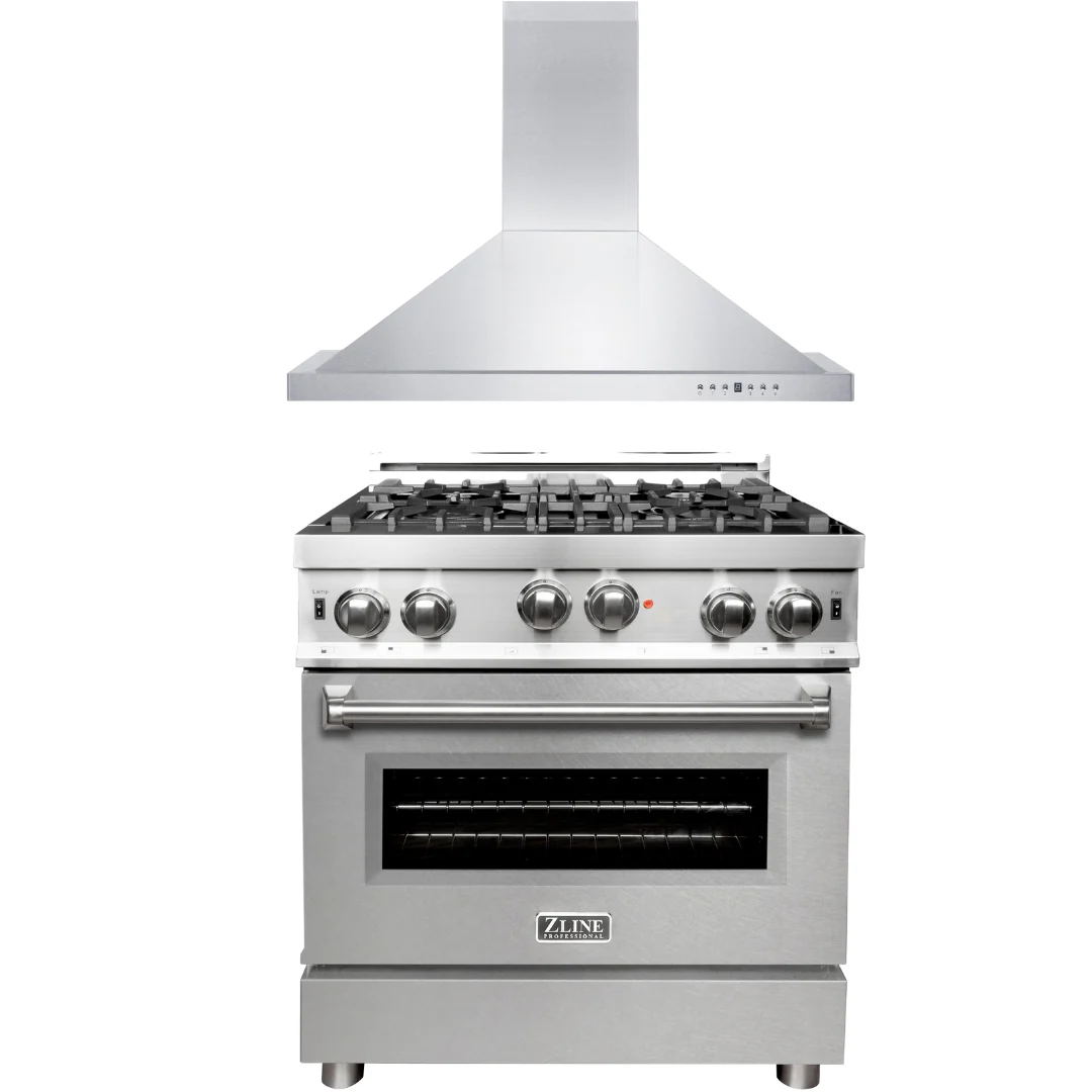 ZLINE 30 in. Gas Range with DuraSnow®Door & 30 in. Range Hood Appliance Package, 2KP-RGSNRH30 - Cheap Abt