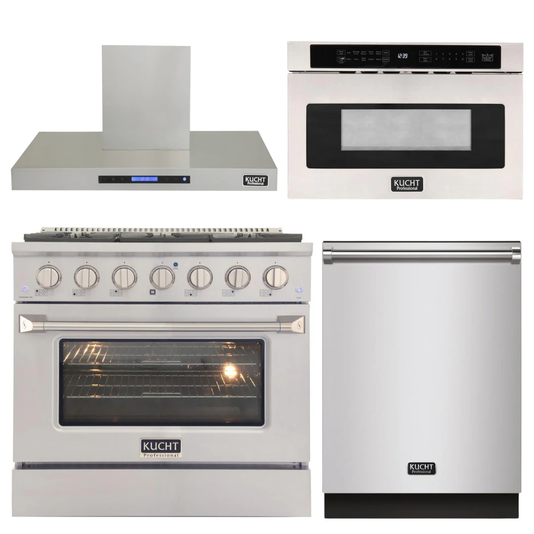 Kucht Professional 36 in. 5.2 cu ft. Natural Gas Range, Range Hood, Microwave Drawer & Dishwasher Package, AP-KNG361-S-8 - Cheap Abt