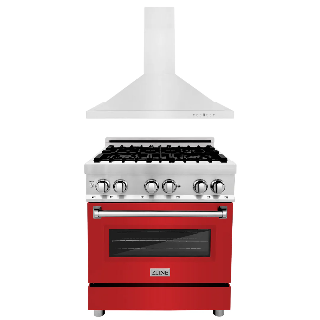 ZLINE 30 in. Dual Fuel Range with Red Matte Door & 30 in. Range Hood Appliance Package, 2KP-RARMRH30 - Cheap Abt