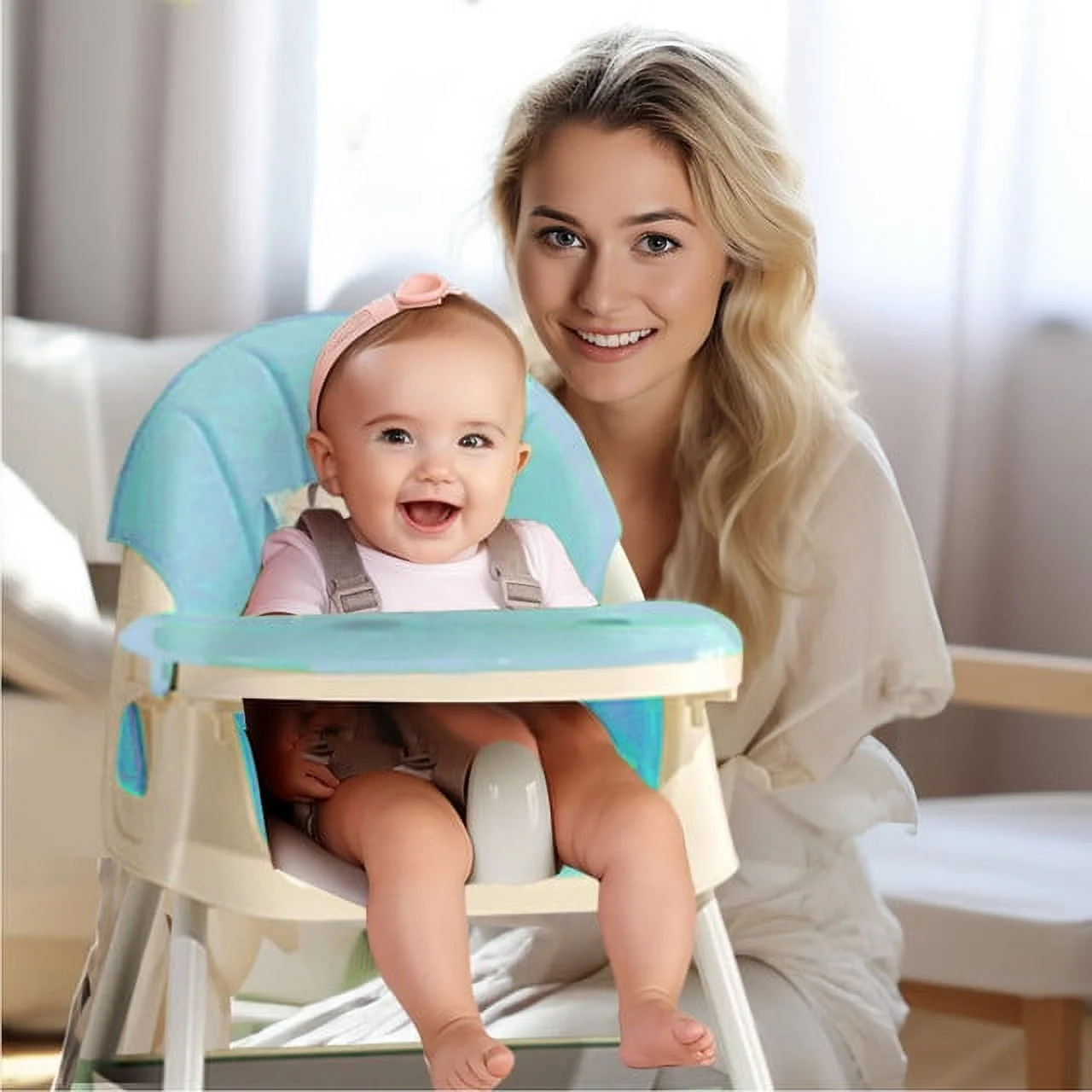 4-in-1 Baby High Chair Portable Dining Chairs Eat & Play with Five-Point. Double-Layer Dinner Plate and Toy Rack. easy to clean. safe and secure Green - Cheap Abt