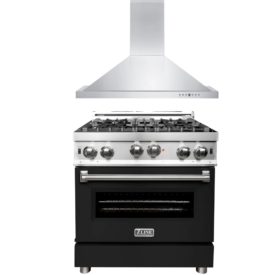 ZLINE 30 in. Gas Range with Black Matte Door & 30 in. Range Hood Appliance Package, 2KP-RGBLMRH30 - Cheap Abt