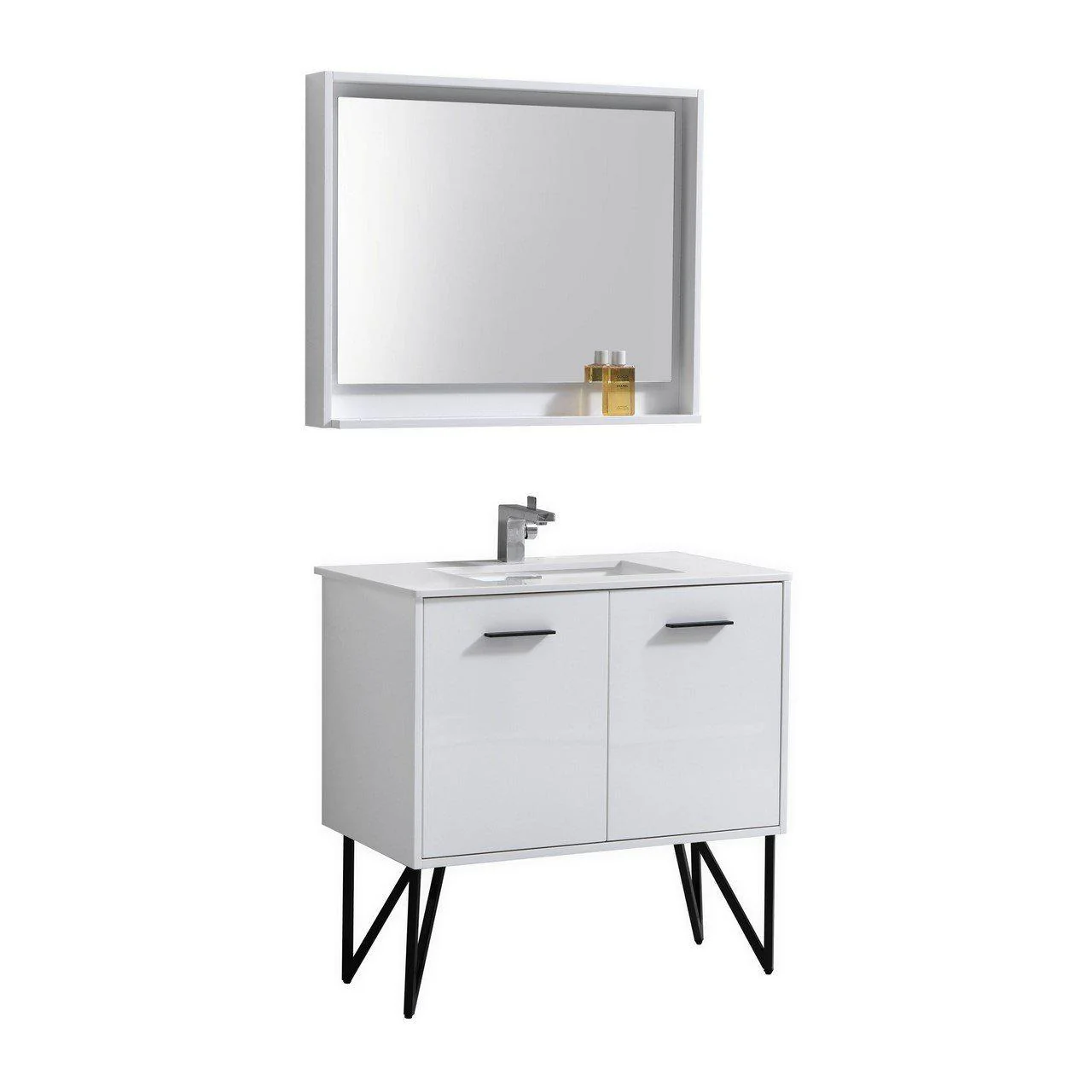 Bosco 36 in. Modern Bathroom Vanity w/ Quartz Countertop and Matching Mirror - High Gloss White - Cheap Abt