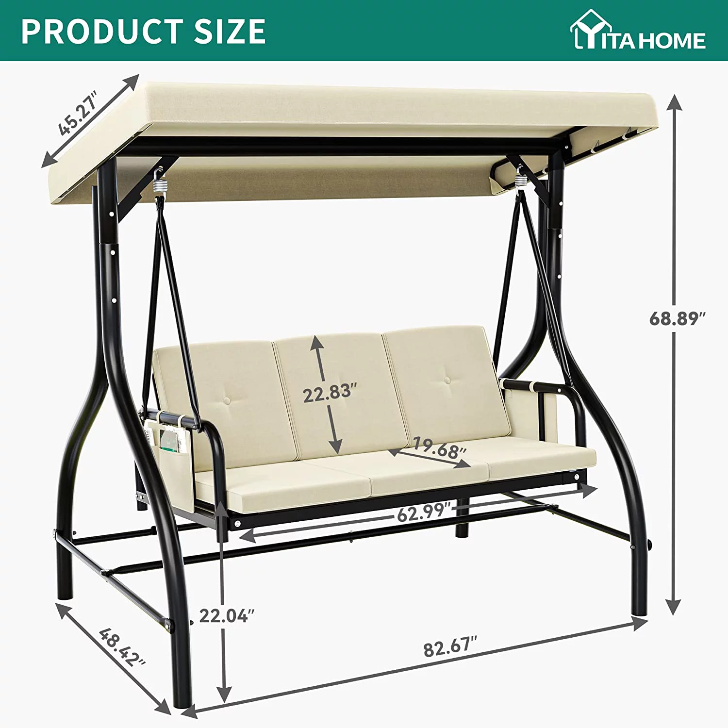 Dextrus Porch Swing Bed 3-Seats Outdoor Patio Swing Heavy Duty Swing Chair with Adjustable Canopy Removable Cushion . Beige - Cheap Abt