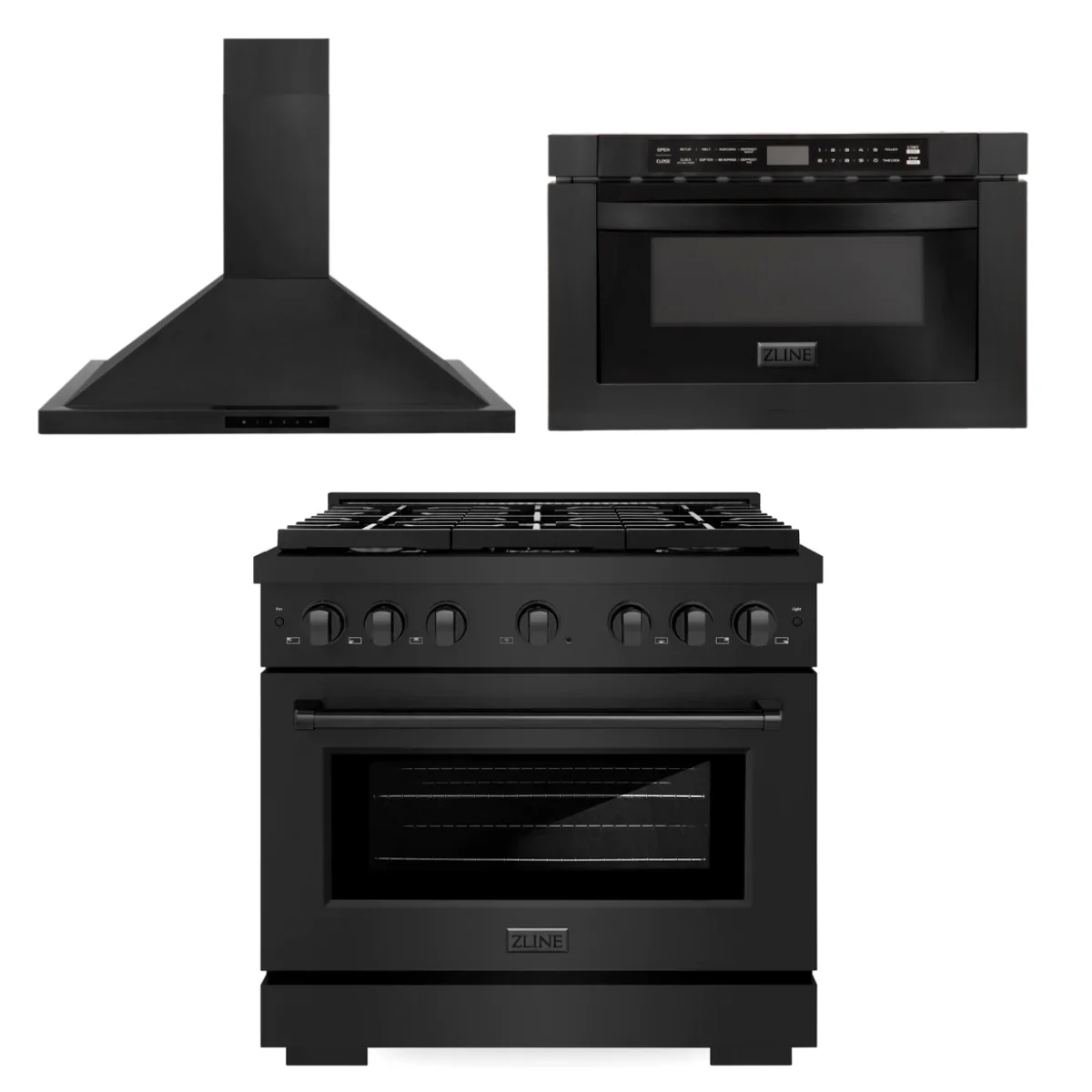 ZLINE Appliance Package - 36 in. Gas Range, Range Hood, Microwave Drawer - Black Stainless Steel, 3KP-SGRBRBRH36-MW - Cheap Abt