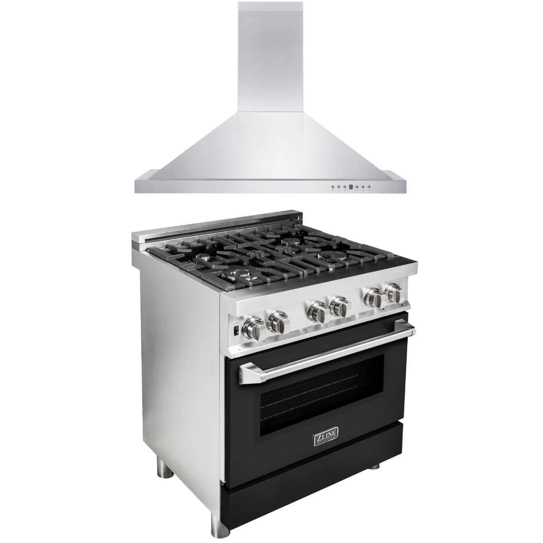 ZLINE 30 in. Dual Fuel Range with Black Matte Door & 30 in. Range Hood Appliance Package, 2KP-RABLMRH30 - Cheap Abt