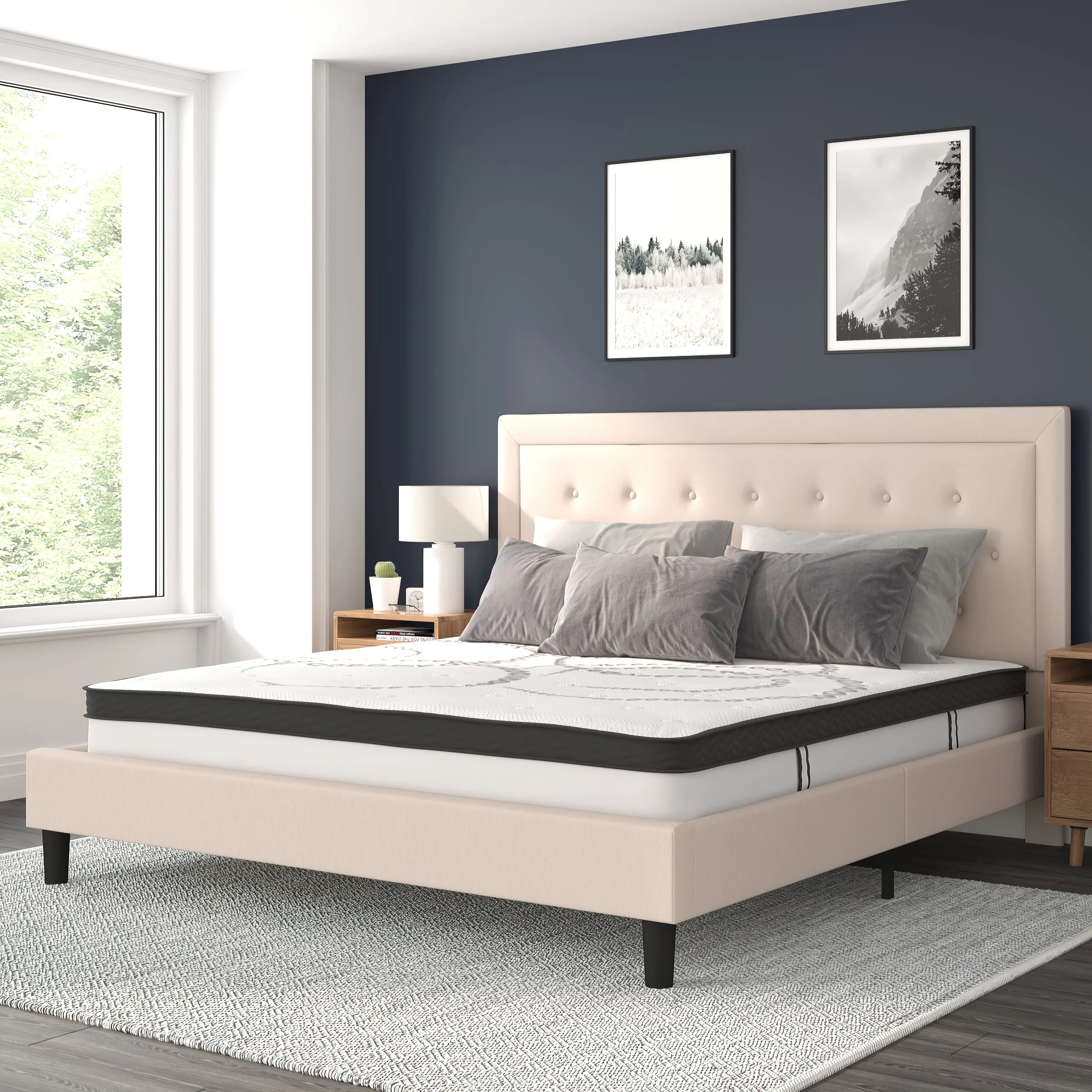 BizChair Roxbury King Size Tufted Upholstered Platform Bed in Beige Fabric with 10 Inch CertiPUR-US Certified Pocket Spring Mattress - Cheap Abt