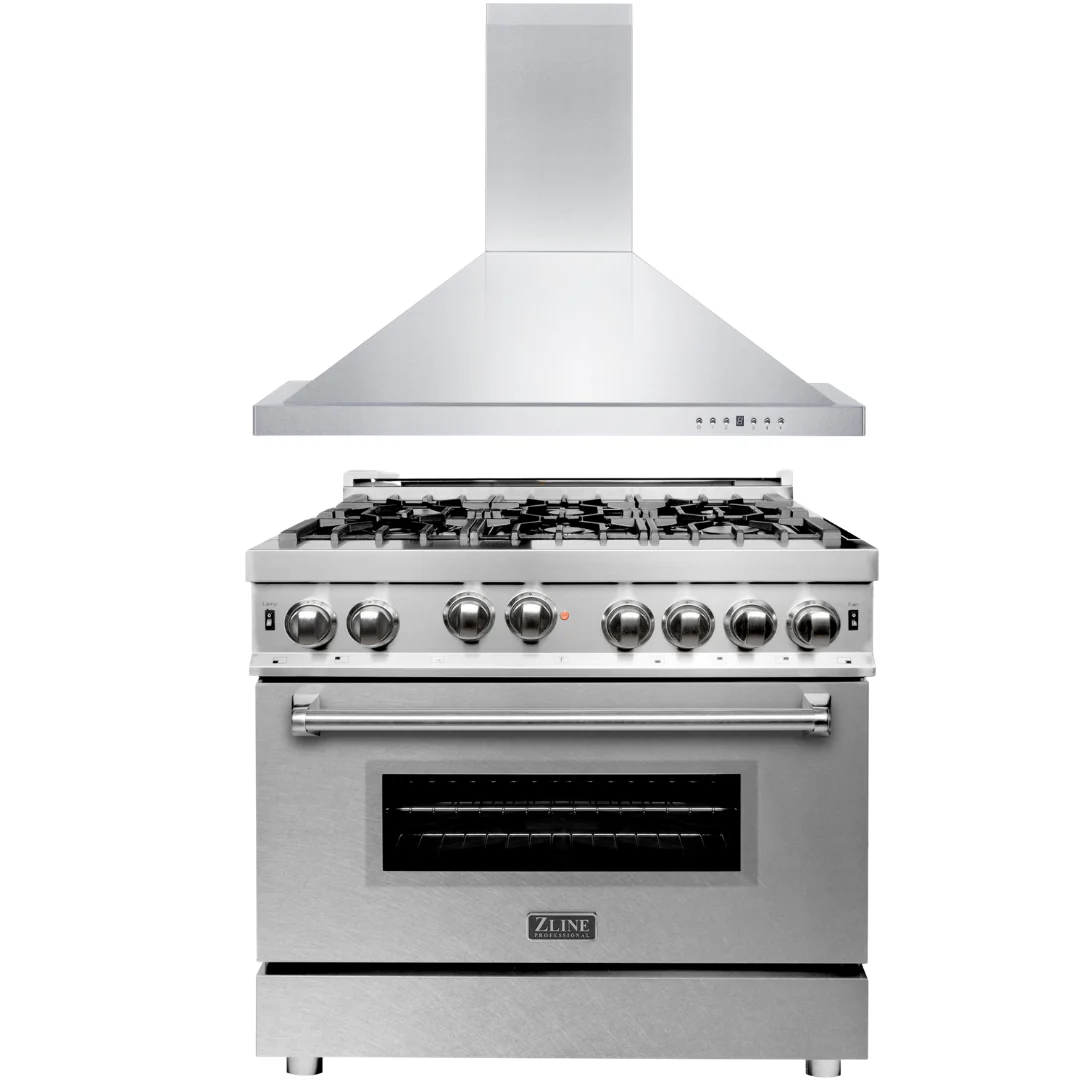 ZLINE 36 in. Gas Range with DuraSnow® Door & 36 in. Range Hood Appliance Package, 2KP-RGSNRH36 - Cheap Abt