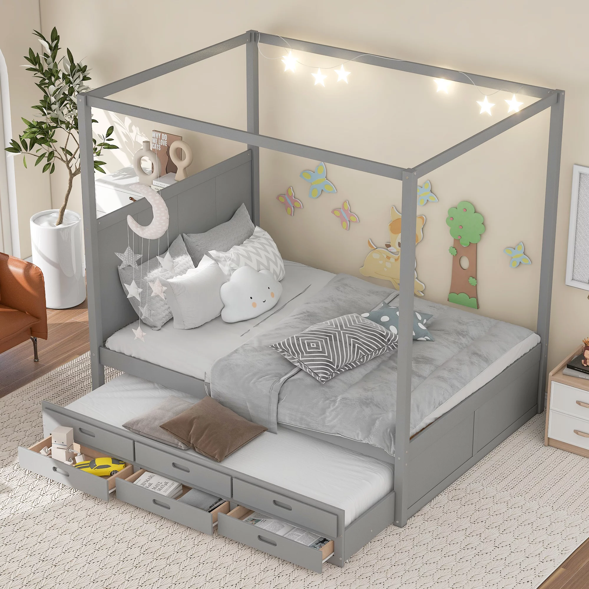 Wooden Tent Canopy Bed with Solid Construction for Toddlers. Queen Size Canopy Daybed with Twin Size Trundle and Three Storage Drawers. Wood Floor Bed Frame(Gray) - Cheap Abt