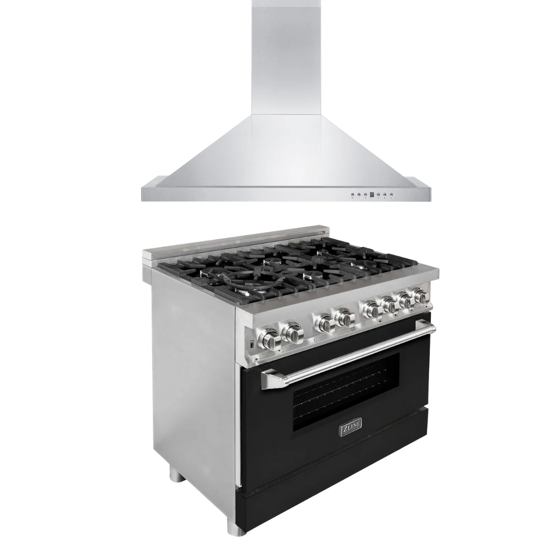 ZLINE 36 in. Dual Fuel Range with Black Matte Doors & 36 in. Range Hood Appliance Package, 2KP-RABLMRH36 - Cheap Abt