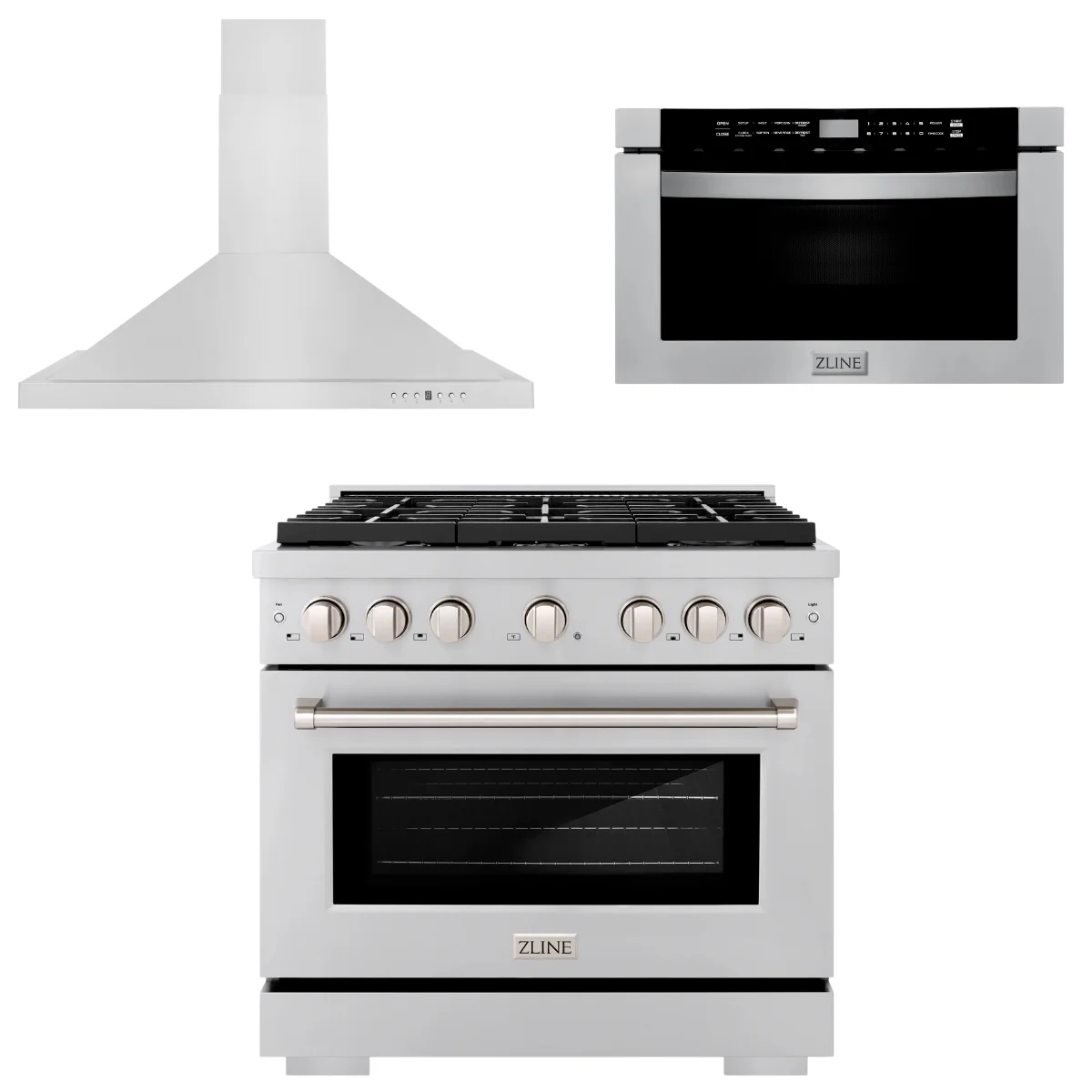 ZLINE Appliance Package - 36 in. Gas Range, Range Hood and Microwave Drawer, 3KP-SGRRH36-MW - Cheap Abt