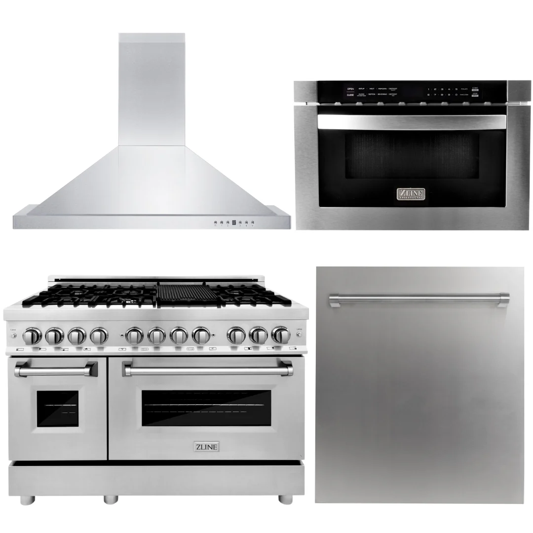 ZLINE Appliance Package 4 Piece Bundle - 48 in. Dual Fuel Range, Range Hood, Microwave Drawer & Dishwasher, AB-RA48-3 - Cheap Abt