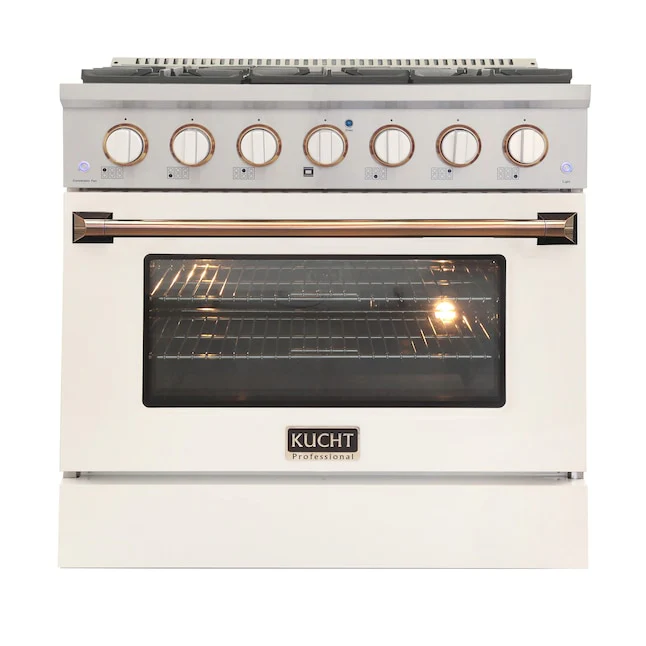 Kucht Signature 36 In. 5.2 cu ft. Propane Gas Range with White Door and Gold Accents, KNG361/LP-W-GOLD - Cheap Abt