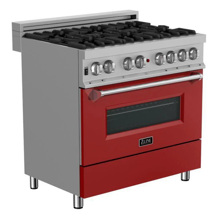 ZLINE 36 in. Professional Gas Burner/Electric Oven in DuraSnow® Stainless with Red Matte Door, RAS-RM-36 - Cheap Abt