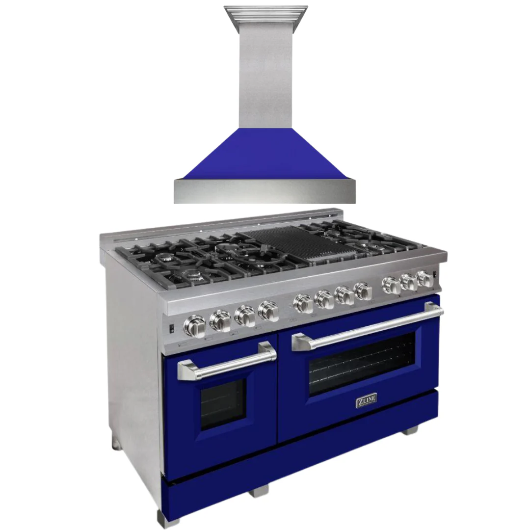 ZLINE 48 in. Dual Fuel Range with Blue Matte Door & 48 in. Range Hood Appliance Package, 2KP-RASBMRH48 - Cheap Abt