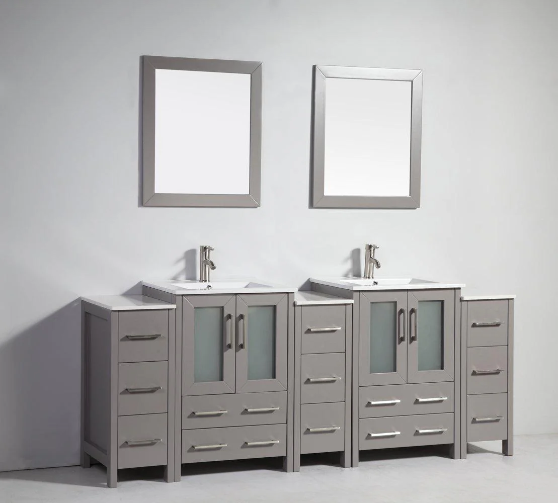 Vanity Art 84 in. Double Sink Vanity Cabinet with Ceramic Sink & Mirror - Grey, VA3024-84G - Cheap Abt