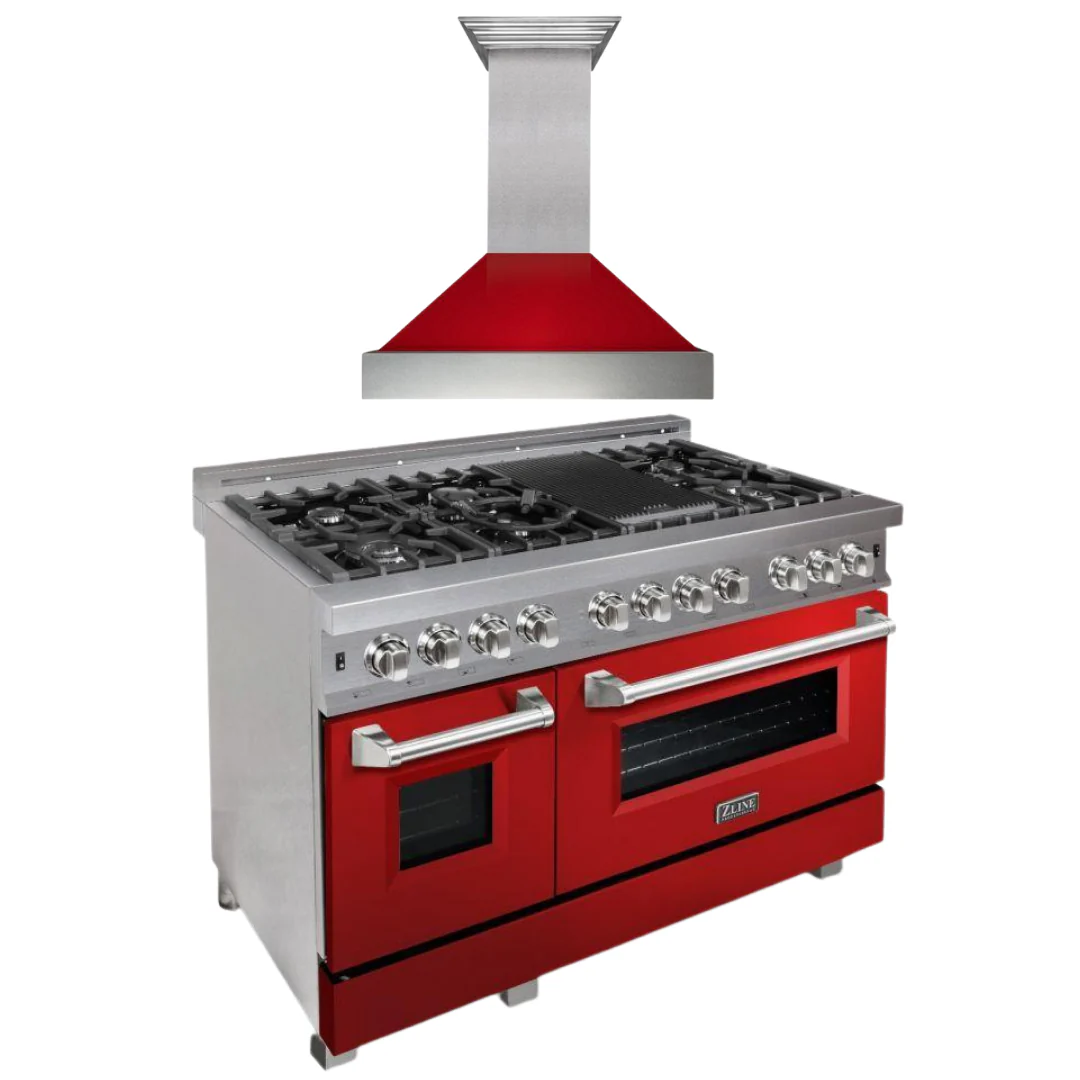 ZLINE 48 in. Dual Fuel Range with Red Gloss Door & 48 in. Range Hood Appliance Package, 2KP-RASRGRH48 - Cheap Abt