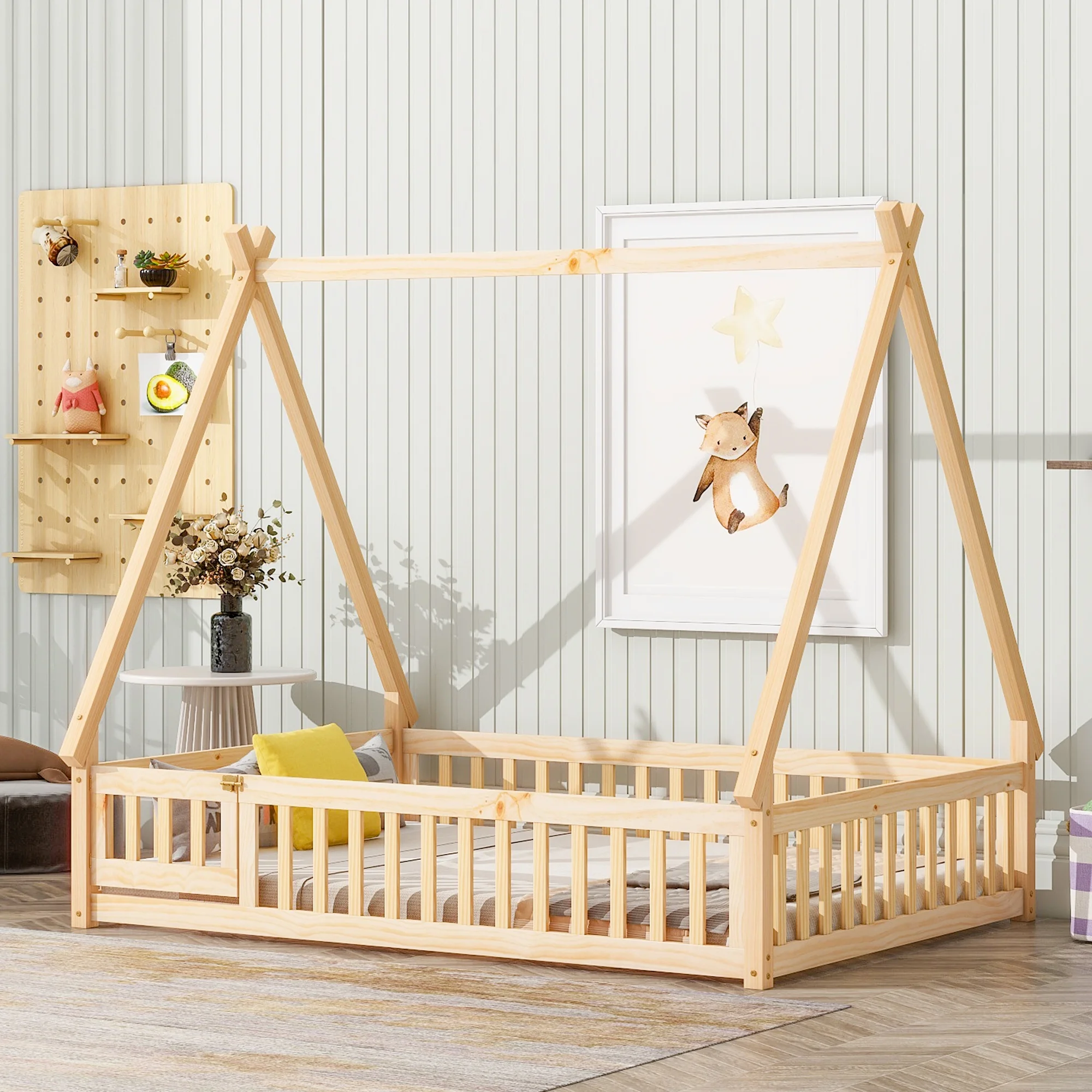 Full Tent-shaped Floor Bed. with Guardrails. Slats. Door .Natural - Cheap Abt