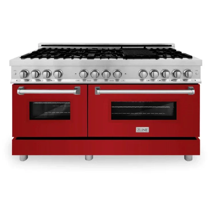 ZLINE 60 In. Professional Dual Fuel Range in Stainless Steel with Red Gloss Door, RA-RG-60 - Cheap Abt