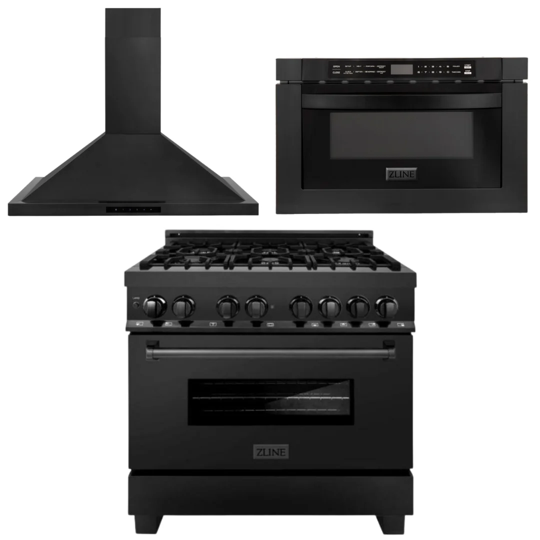 ZLINE Appliance Package - 36 in. Dual Fuel Range, Range Hood, Microwave in Black Stainless Steel, 3KP-RABRBRH36-MW - Cheap Abt
