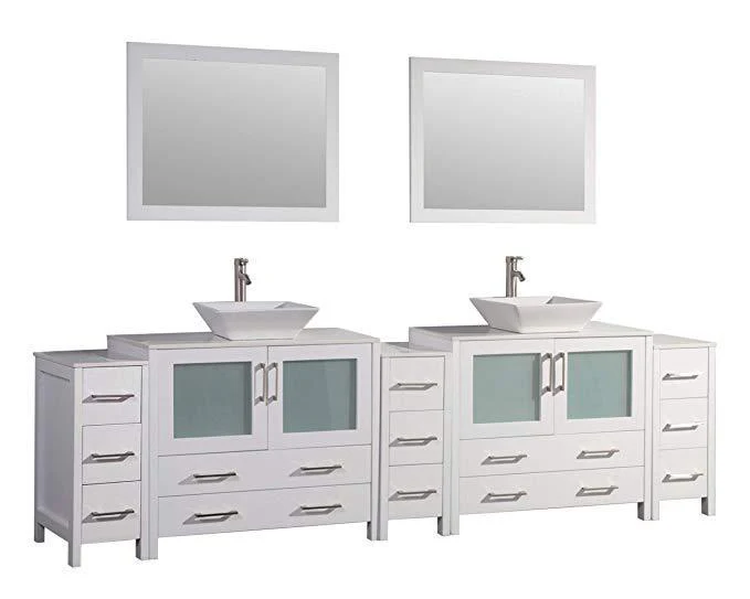 Vanity Art 108 in. Double Sink Vanity Cabinet with Ceramic Vessel Sink & Mirror - White, VA3136-108W - Cheap Abt