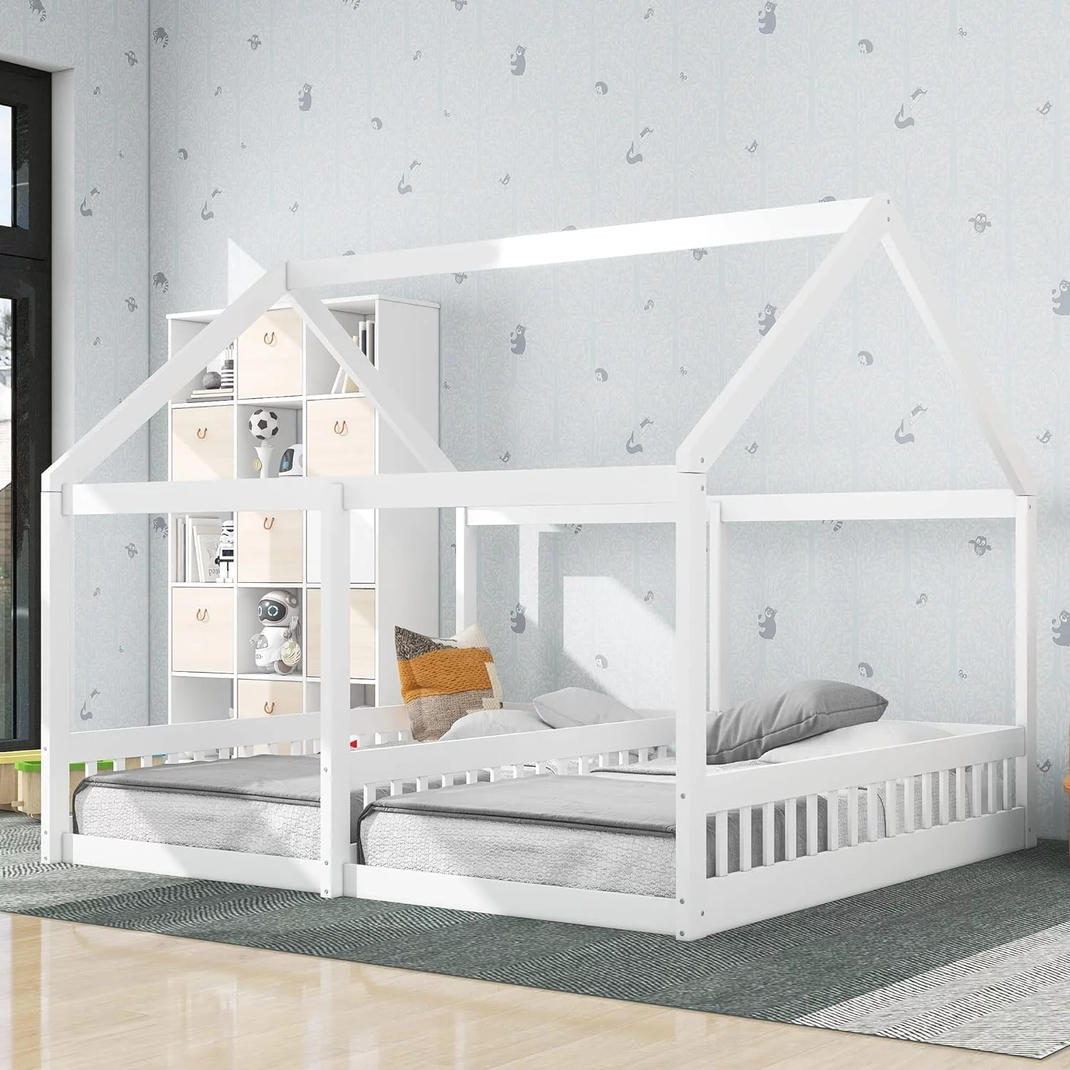 House Bed For 2 Kids. Double Shared Size Beds. Wooden Toddler. Montessori. Floor. Teens. Boys & Girls. Can Be Decorated Tent (Double. White) - Cheap Abt