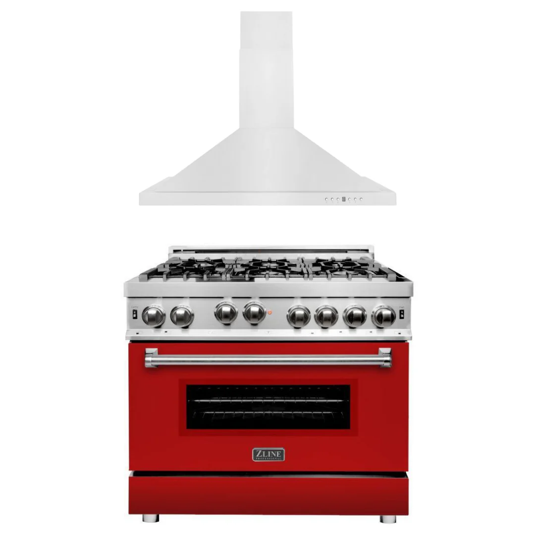 ZLINE 36 in. Gas Range with Red Matte Door & 36 in. Range Hood Appliance Package, 2KP-RGRMRH36 - Cheap Abt