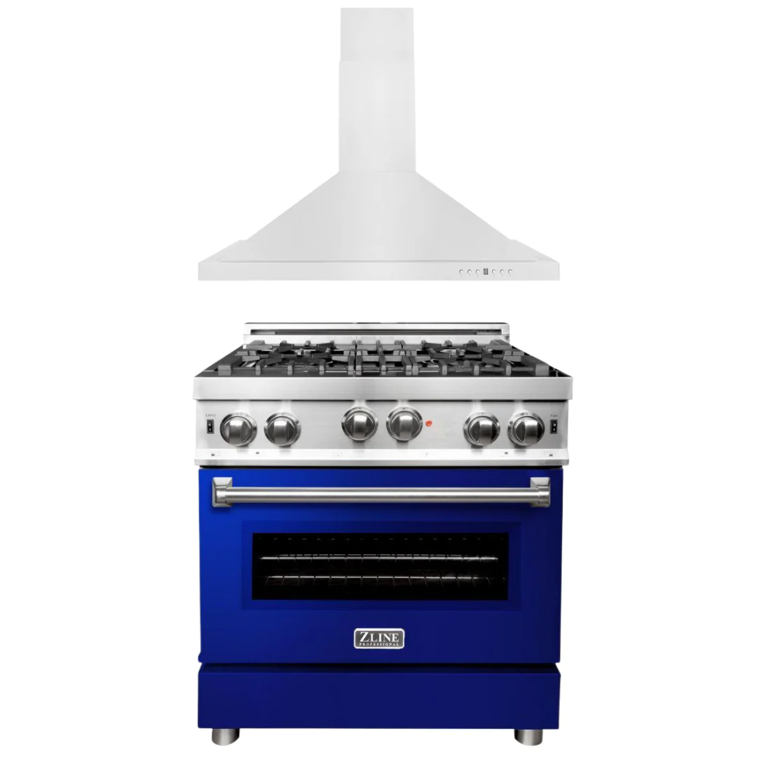 ZLINE 30 in. Gas Range with Blue Gloss Door & 30 in. Range Hood Appliance Package, 2KP-RGBGRH30 - Cheap Abt