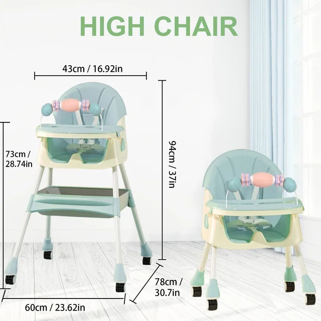 4-in-1 Baby High Chair Portable Dining Chairs Eat & Play with Five-Point. Double-Layer Dinner Plate and Toy Rack. easy to clean. safe and secure Green - Cheap Abt