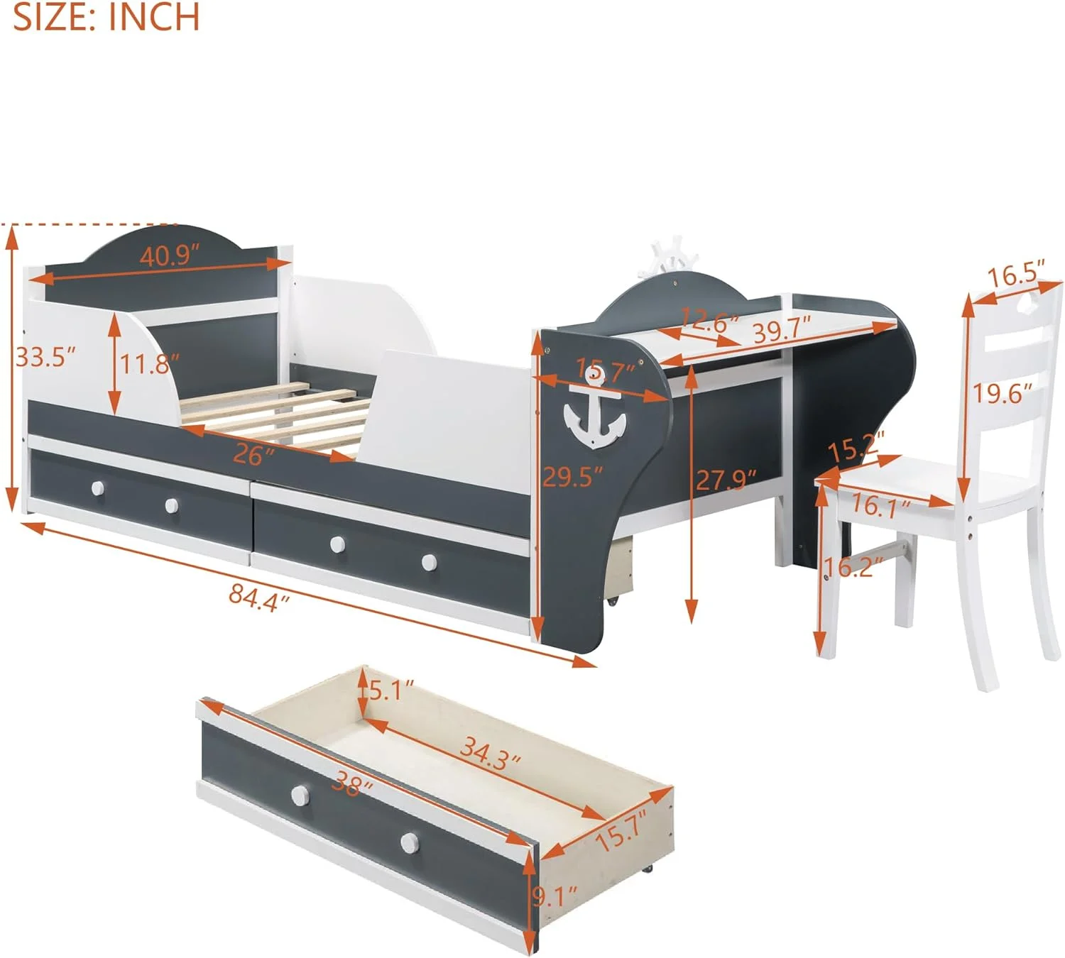 Size Boat-Shaped Platform Bed Frame For Boys Girls Kids Toddler With Two Drawers. Bed With Desk Ad Chair For Bedroom.White Gray - Cheap Abt