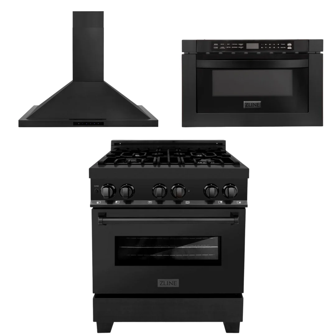 ZLINE Appliance Package - 30 in. Dual Fuel Range, Range Hood & Microwave in Black Stainless Steel, 3KP-RABRBRH30-MW - Cheap Abt