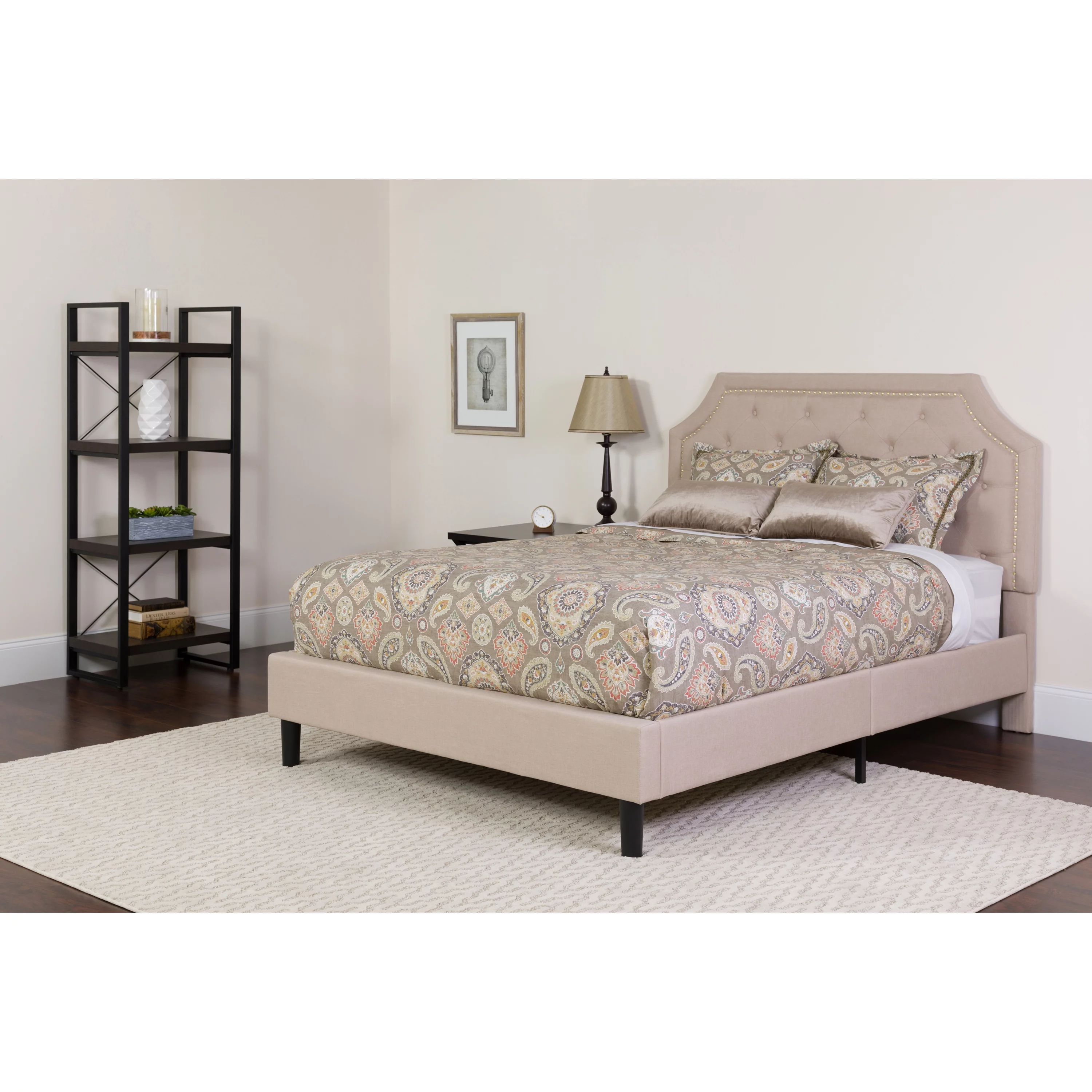 BizChair King Size Arched Tufted Upholstered Platform Bed in Beige Fabric with Memory Foam Mattress - Cheap Abt