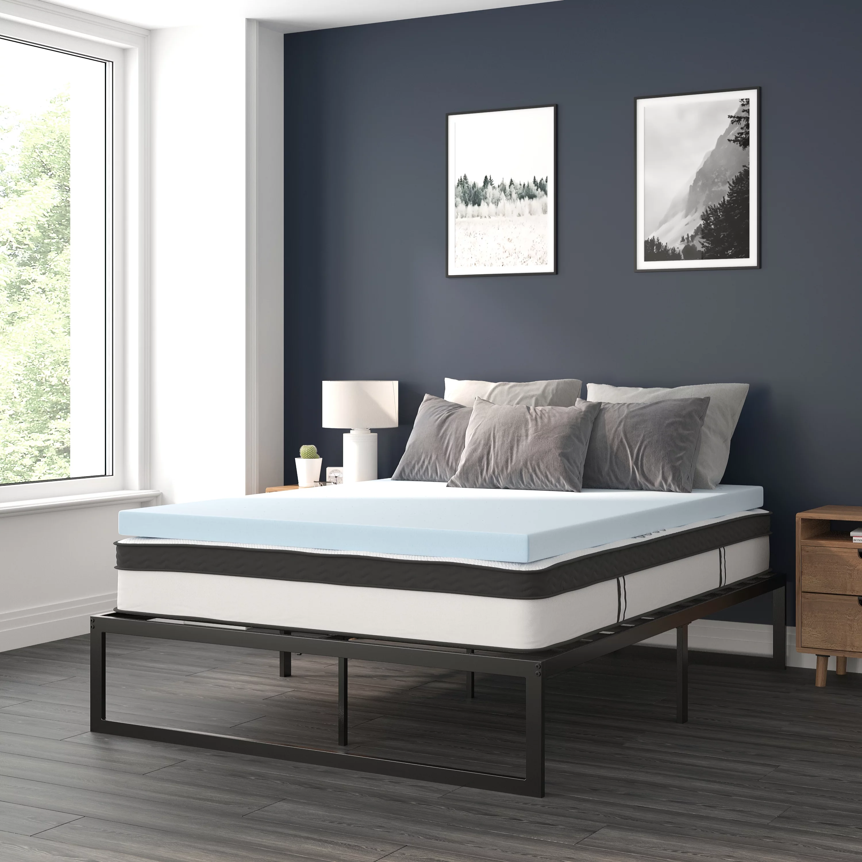 BizChair 14 Inch Metal Platform Bed Frame with 10 Inch Pocket Spring Mattress in a Box and 3 inch Cool Gel Memory Foam Topper - Queen - Cheap Abt