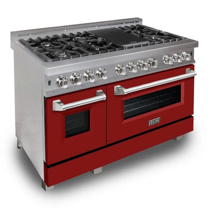 ZLINE 48 in. Professional Gas Burner/Electric Oven DuraSnow® Stainless 6.0 cu.ft. 7 Range with Red Matte Door, RAS-RM-48 - Cheap Abt