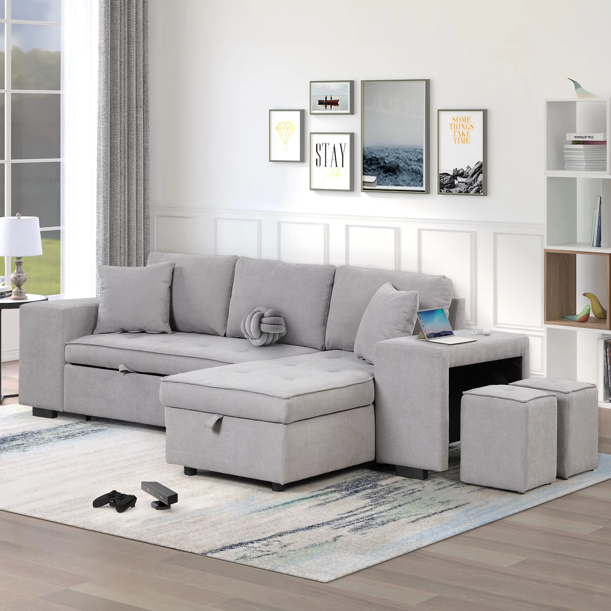 Euroco L-Shape Sectional Sofa 3 Seat Reversible. Pull Out Sleeper Sofa with Chaise. Storage Couch with 2 Stools for Living Room Furniture Set. Light Gray. 104 x 57 - Cheap Abt