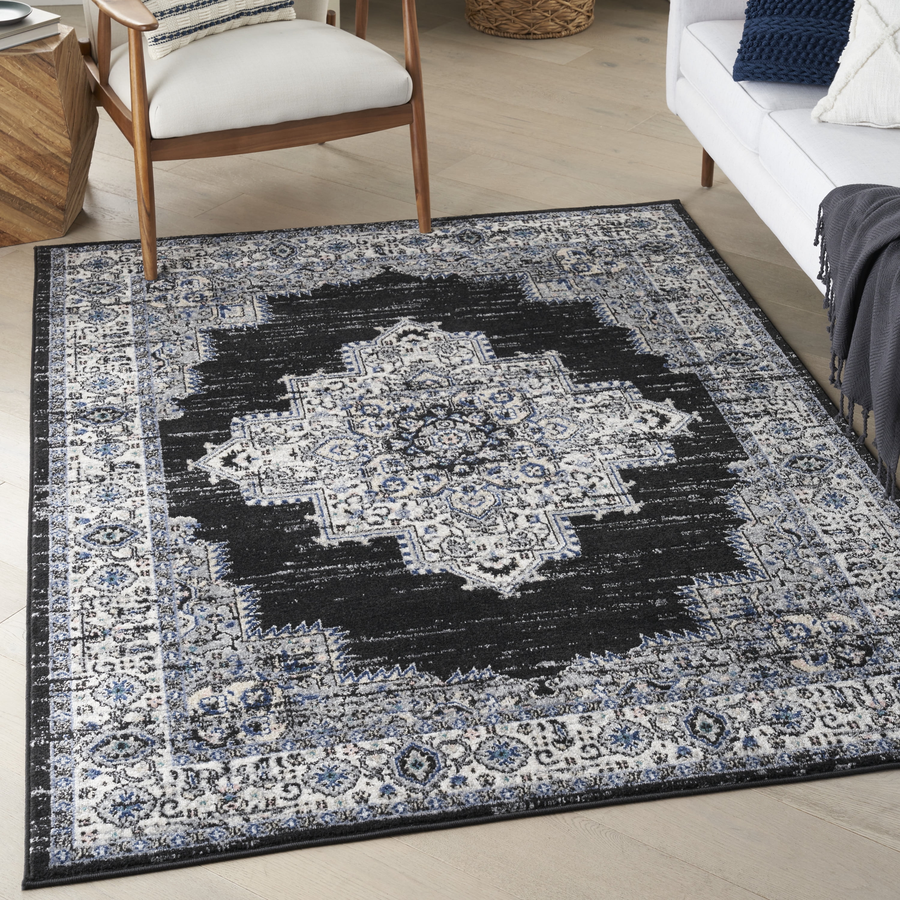 Nourison Passion Black Ivory 5'3 x 7'3 Area Rug. Traditional. Boho. Bed Room. Living Room. Dining Room. Kitchen. . Easy Cleaning. Non Shedding (5' x 7') - Cheap Abt