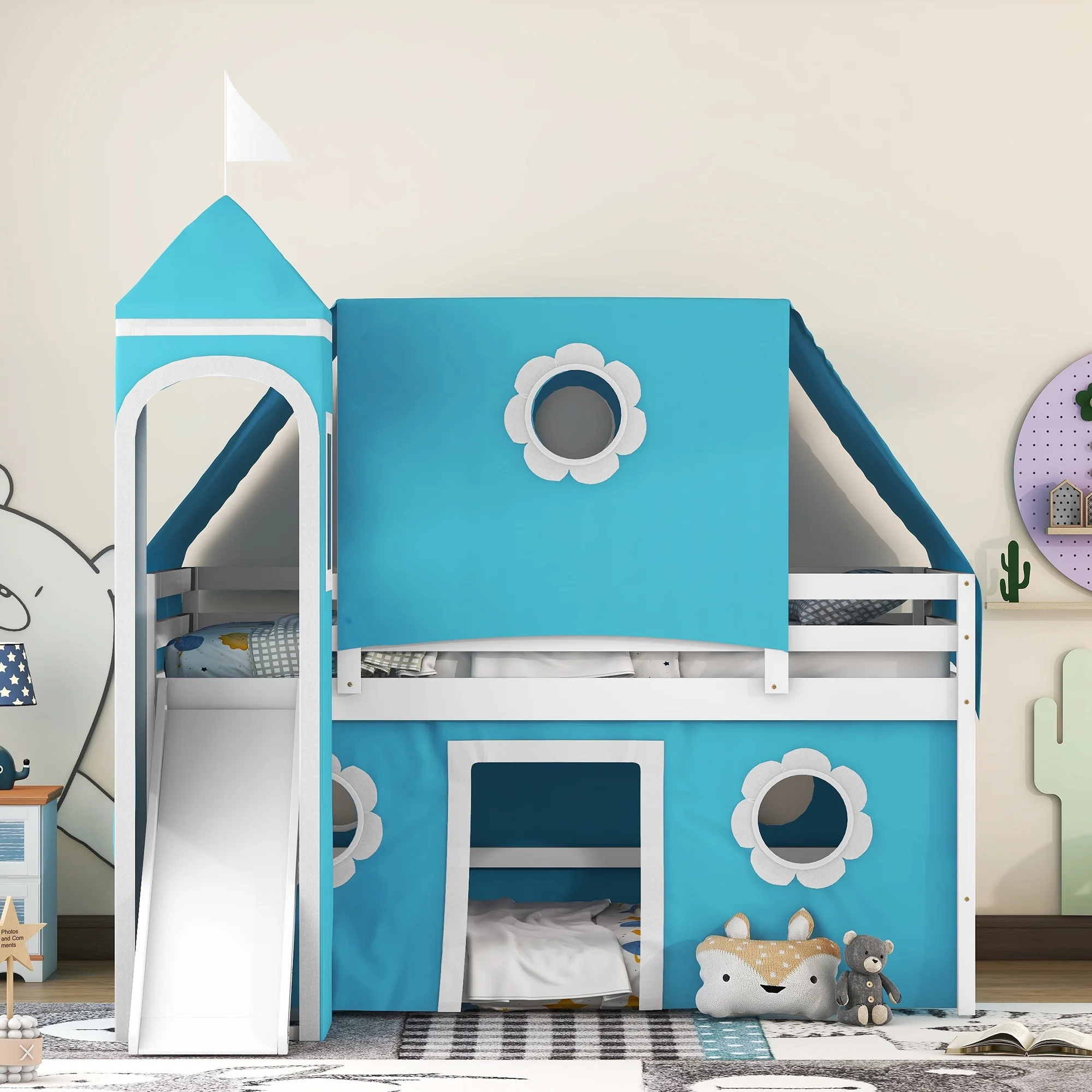 CoSoTower Full Size Bunk Bed with Slide Blue Tent and Tower - Blue - Cheap Abt