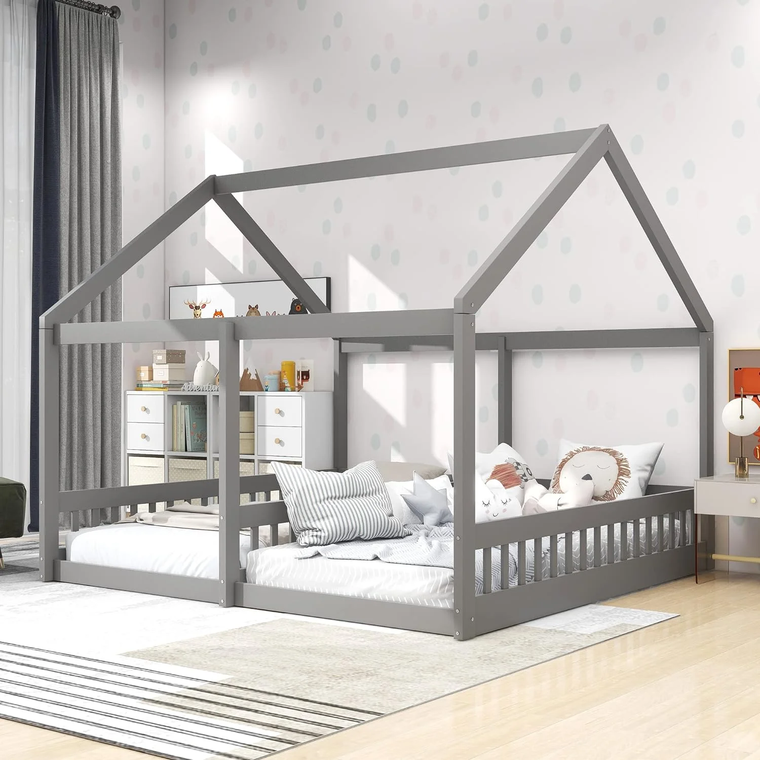 House Bed For 2 Kids. Double Shared Size Kids Beds. Wooden Toddler Bed. Montessori Floor Kids.Teens. Boys & Girls. Can Be Decorated Tent (Double . Gray). Grey - Cheap Abt