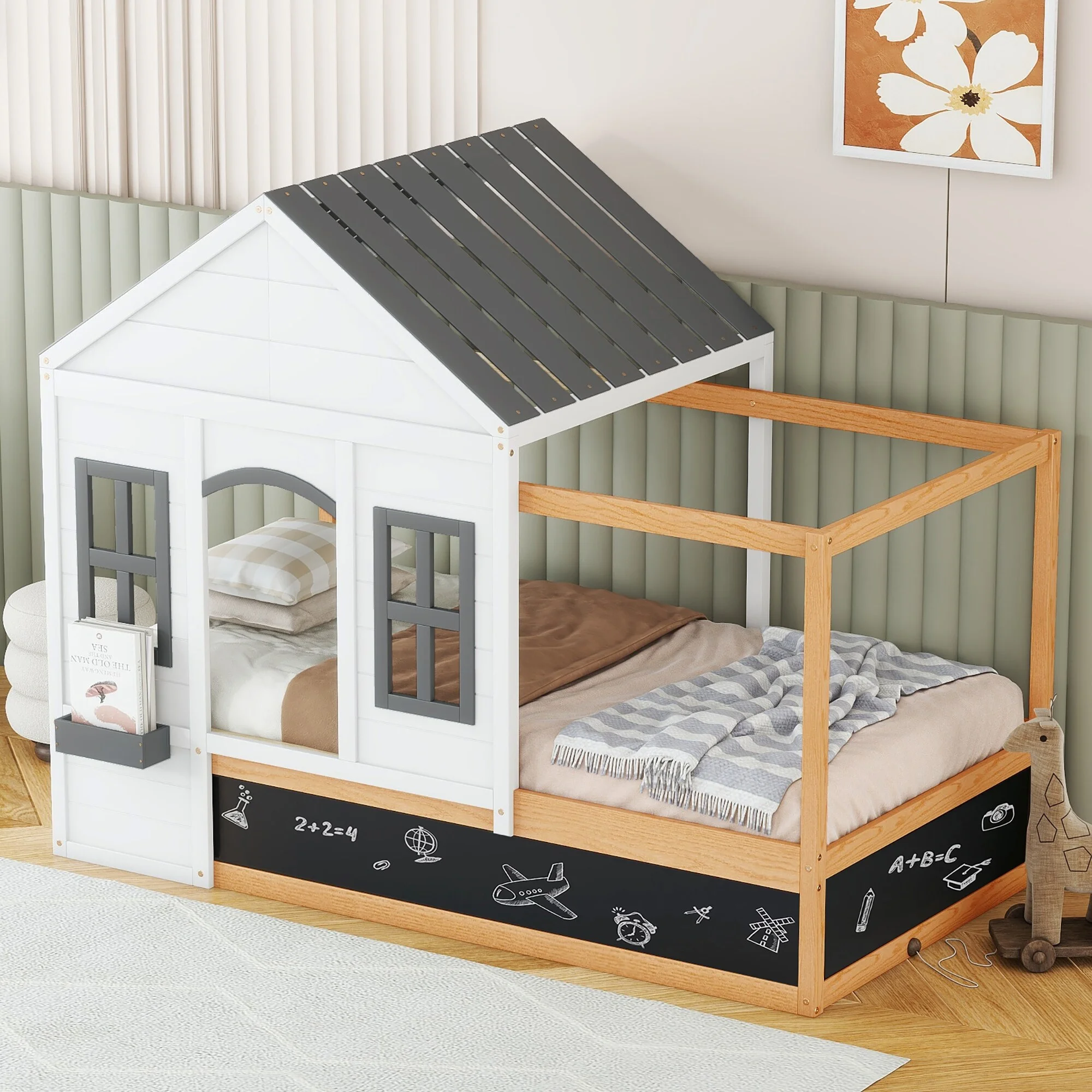 Twin Size House Shaped Canopy Bed with Black Roof & White Window. Tent Bed Cabin Platform Bed with Blackboard & Little Shelf - Cheap Abt