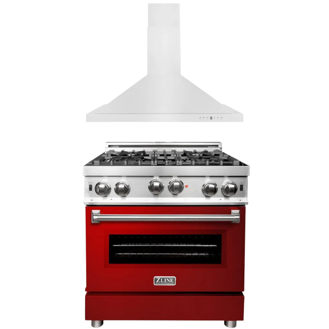ZLINE 30 in. Gas Range with Red Gloss Door & 30 in. Range Hood Appliance Package, 2KP-RGRGRH30 - Cheap Abt