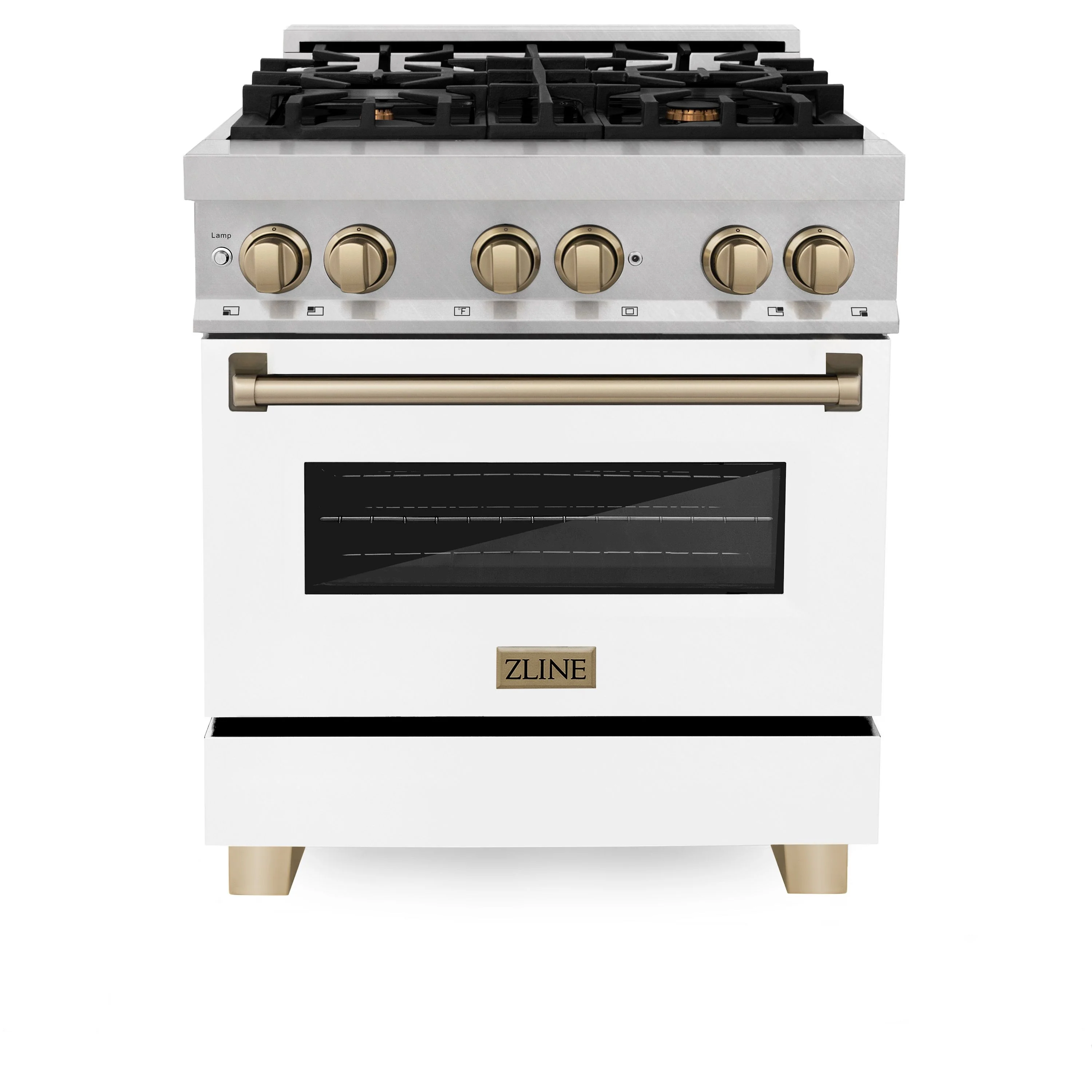 ZLINE 30 Inch Autograph Edition Dual Fuel Range in DuraSnow® Stainless Steel with White Matte Door and Champagne Bronze Accents, RASZ-WM-30-CB - Cheap Abt