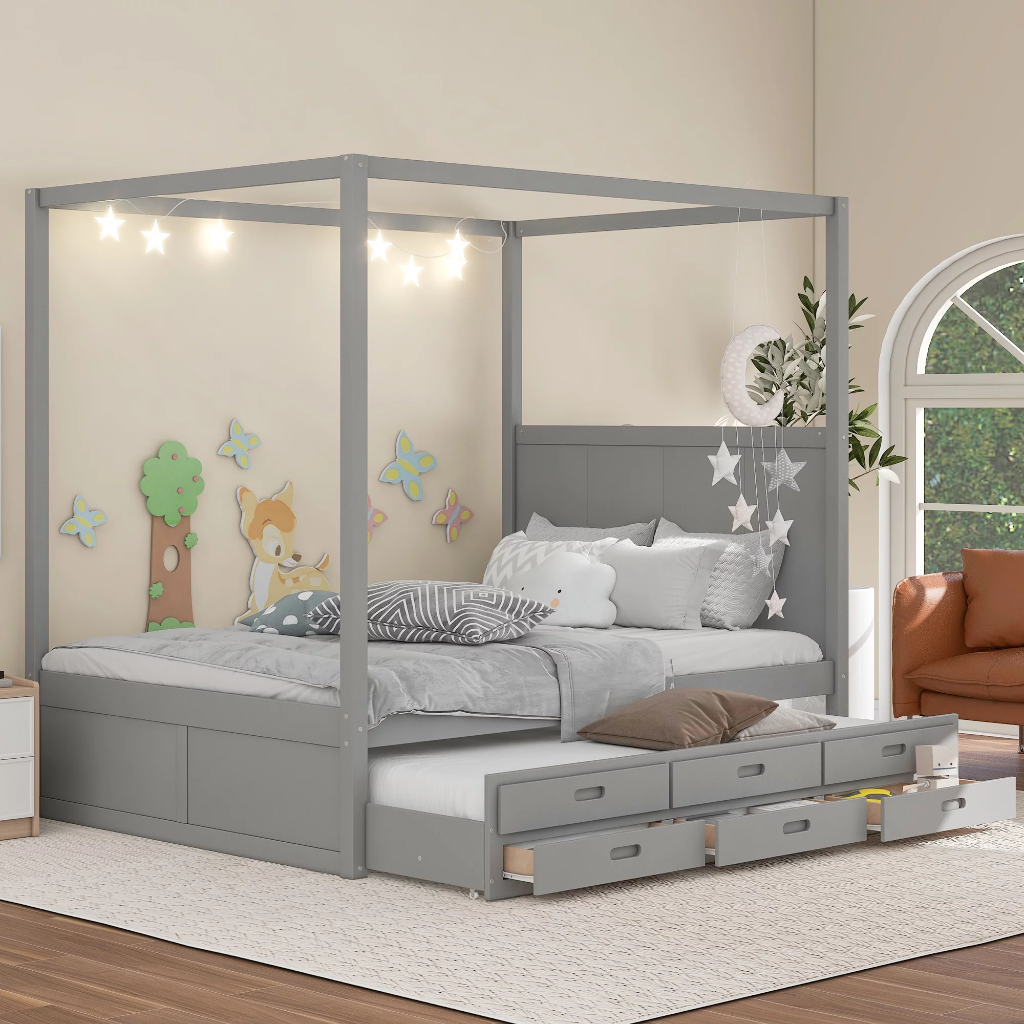Wooden Tent Canopy Bed with Solid Construction for Toddlers. Queen Size Canopy Daybed with Twin Size Trundle and Three Storage Drawers. Wood Floor Bed Frame(Gray) - Cheap Abt