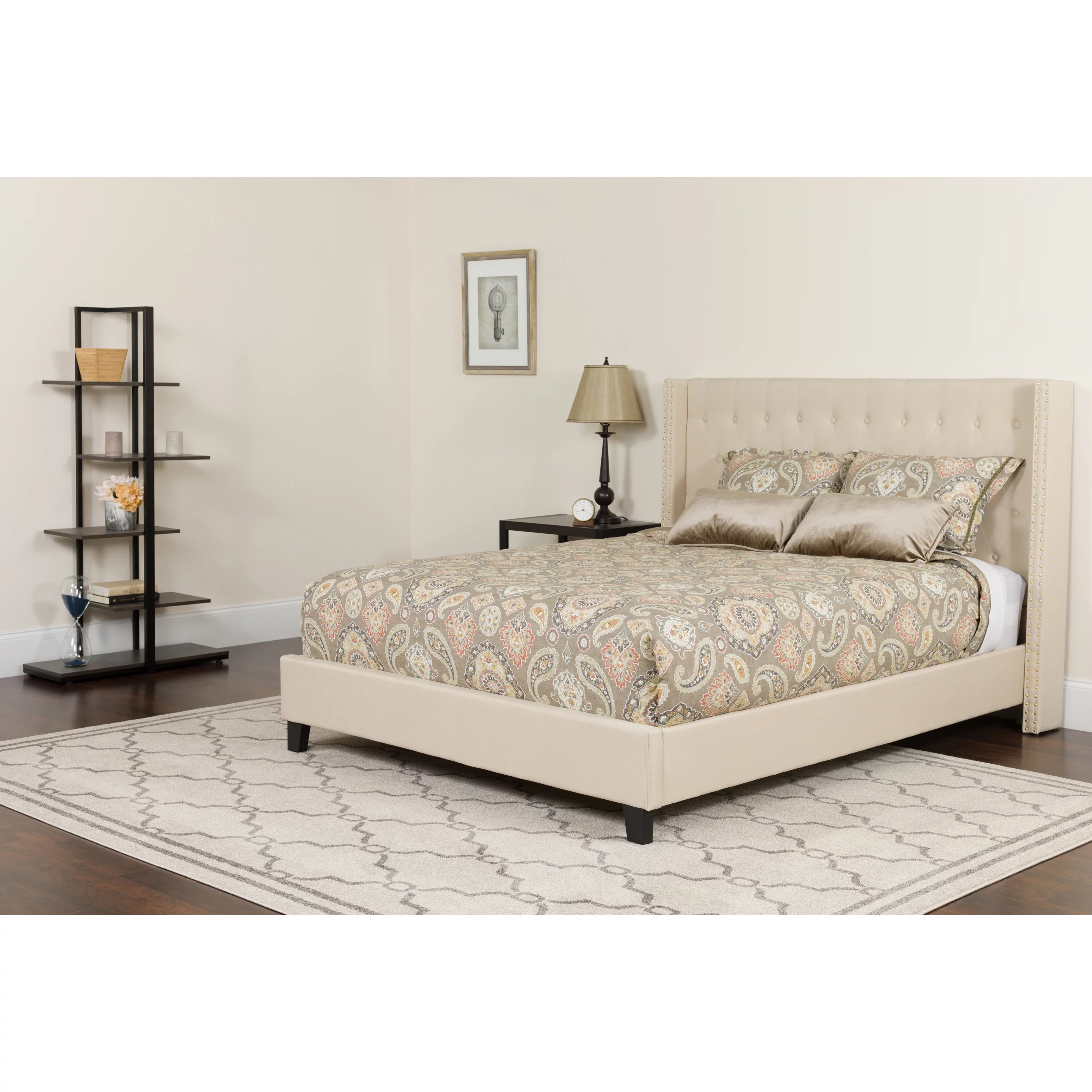 BizChair King Size Tufted Upholstered Platform Bed with Accent Nail Trimmed Extended Sides in Beige Fabric with Mattress - Cheap Abt