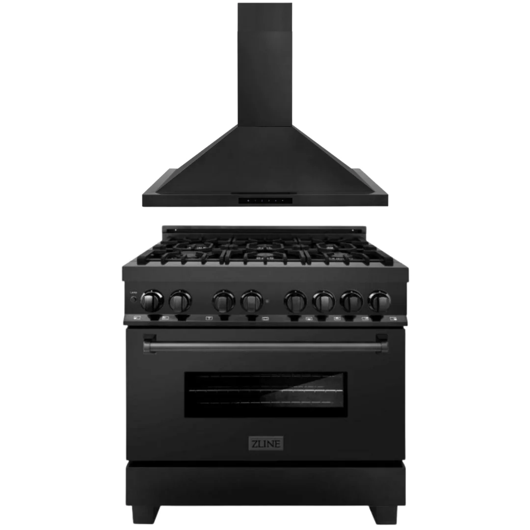 ZLINE 36 in. Dual Fuel Range, Range Hood Black Stainless Steel Appliance Package, 2KP-RABRH36 - Cheap Abt