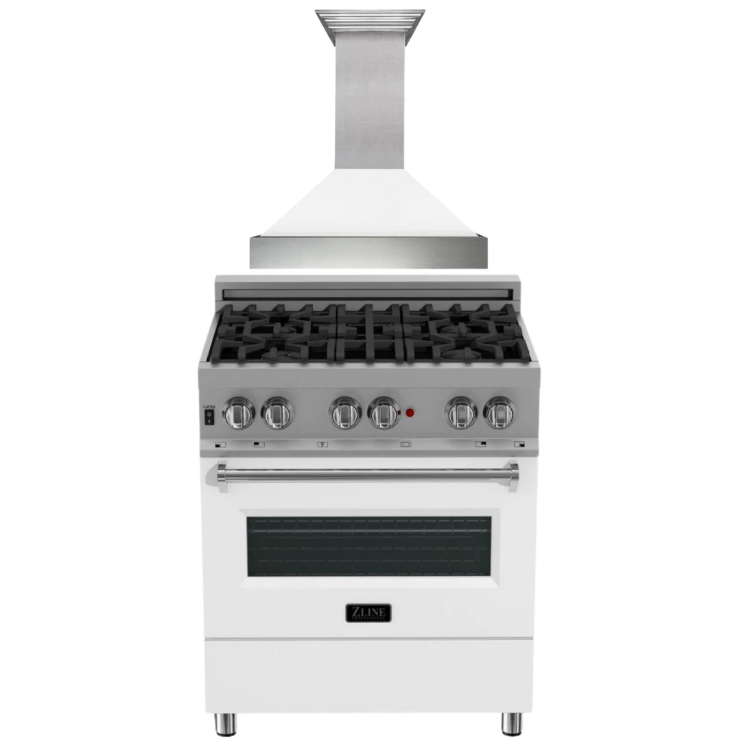 ZLINE Kitchen and Bath 30 in. Dual Fuel Range in DuraSnow® with White Matte Door & 30 in. Range Hood Appliance Package, 2KP-RASWMRH30 - Cheap Abt