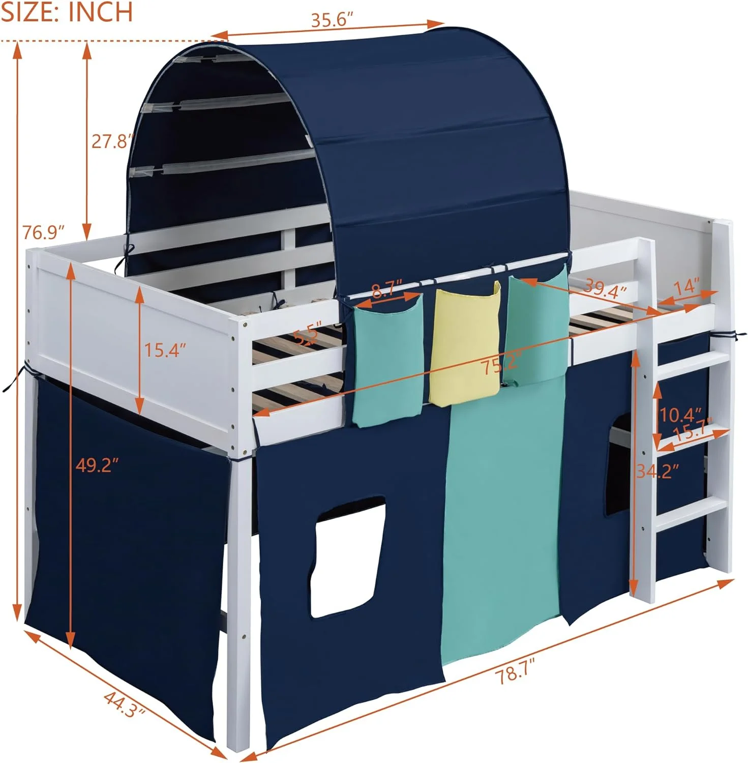 Low Loft Bed Frame With Tent & Tower. Wood Kids Loft Bed With Three Pockets. Storage Bed Frame For Kids.Teens. Boys Girls. Blue - Cheap Abt