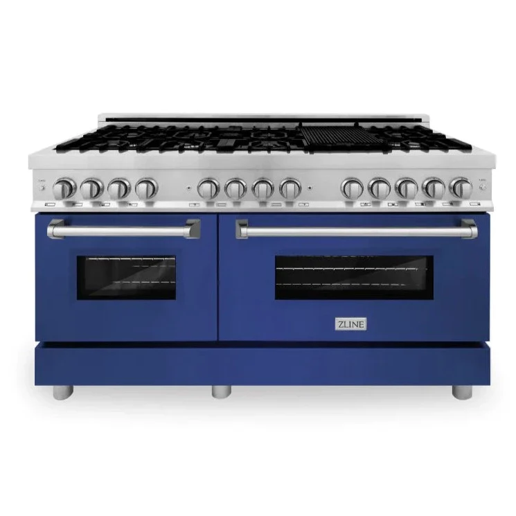 ZLINE 60 In. Professional Dual Fuel Range in DuraSnow® Stainless Steel with Blue Gloss Door, RAS-BG-60 - Cheap Abt