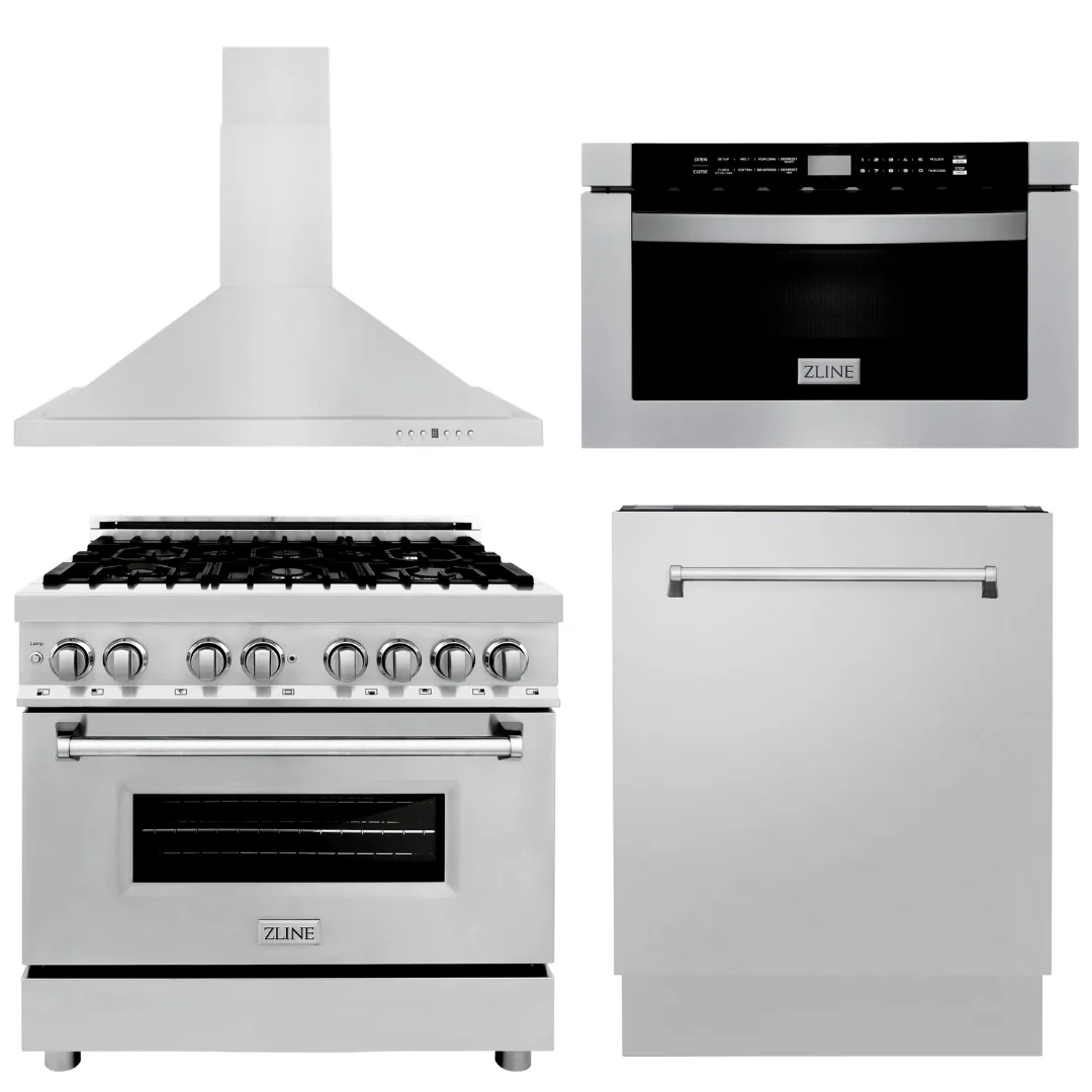 ZLINE Appliance Package - 36 in. Dual Fuel Range, Range Hood, Microwave Drawer, 3 Rack Dishwasher, 4KP-RARH36-MWDWV - Cheap Abt