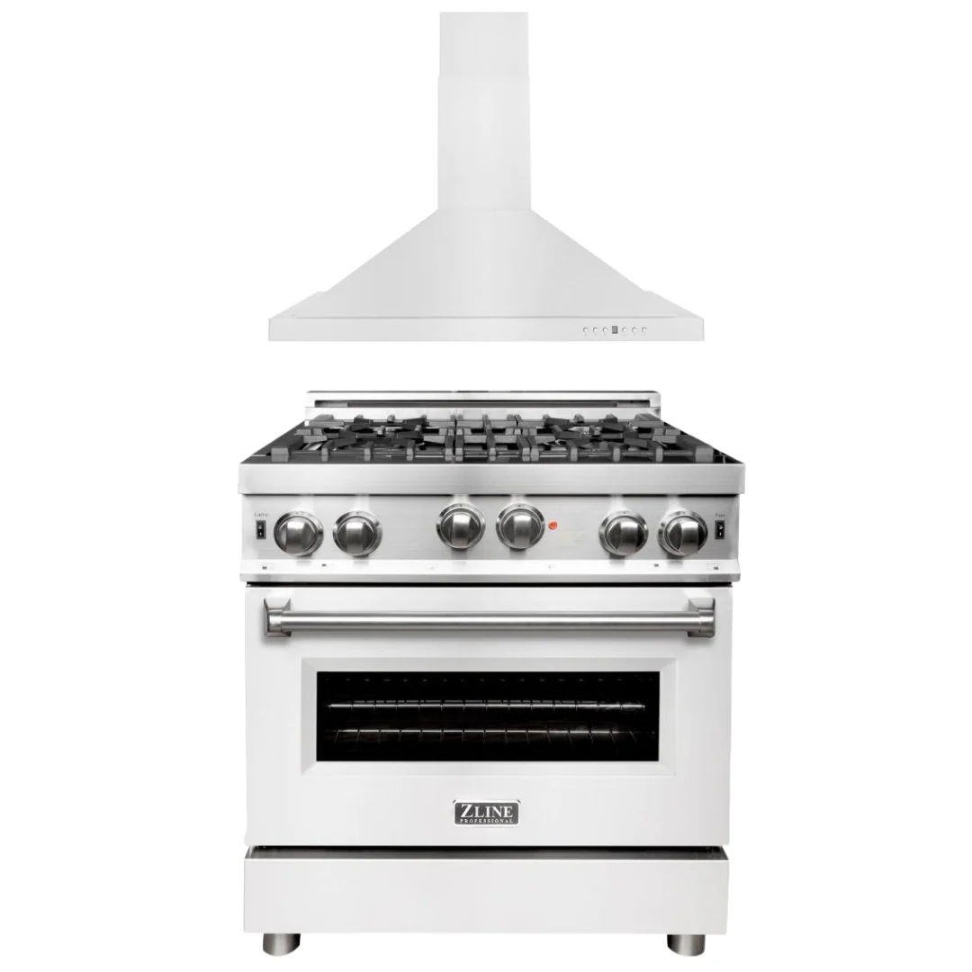 ZLINE 30 in. Gas Range with White Matte Door & 30 in. Range Hood Appliance Package, 2KP-RGWMRH30 - Cheap Abt